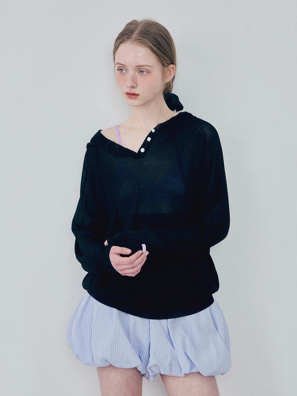 HANE Breeze See-through Hooded Knit Hoodie [Black Ink]