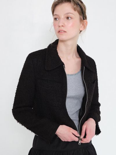 HANE Classic Pocket Tweed Zip-up Furry Blazer [Black]