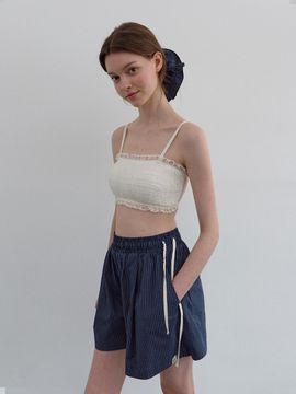 HANE Cozy Bermuda Check Shorts with Scrunchie SET [Navy]