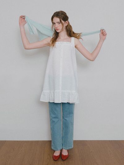 HANE Crinkle Tiered Volume Mini Dress [White Foam]