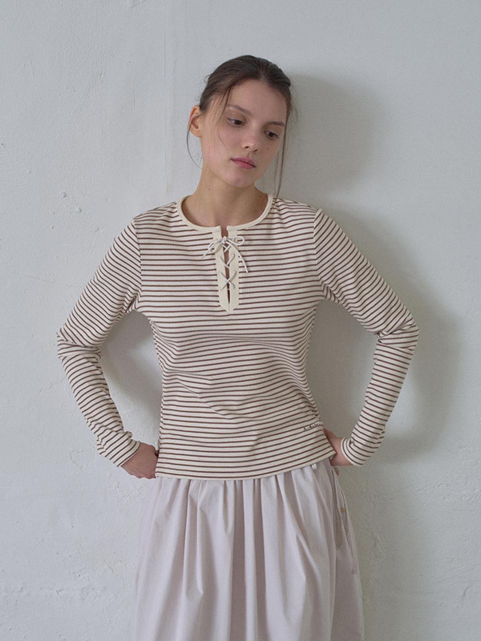 HANE Eyelet Stripe T-shirt [Brown]