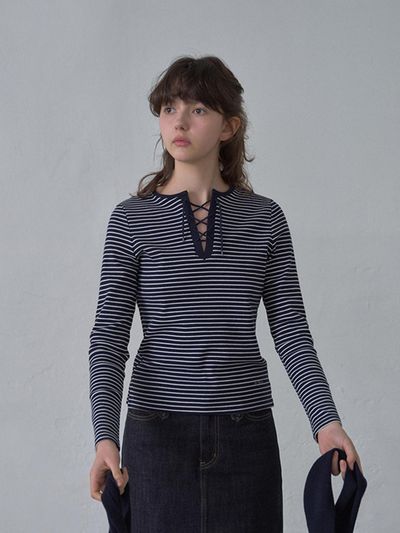 HANE Eyelet Stripe T-shirt [Navy]