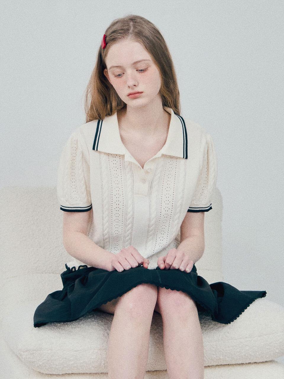 HANE Frill Collar Knit T-Shirt [WHITE]