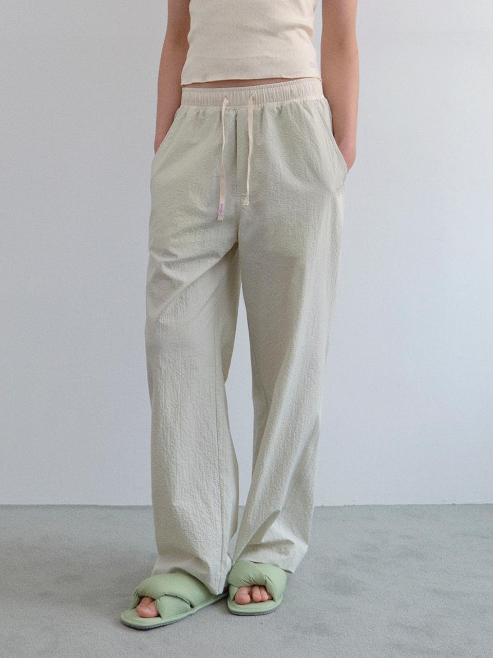 HANE Length Selection Split Seersucker Pants [Green Foam]