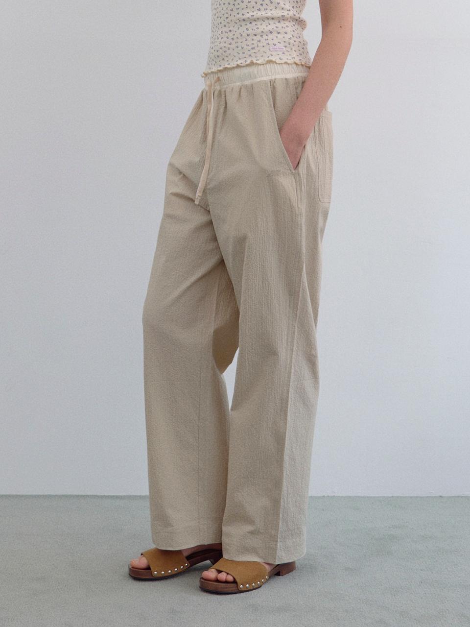 HANE Length Selection Split Seersucker Wide Pants [Buttery Yellow Foam]