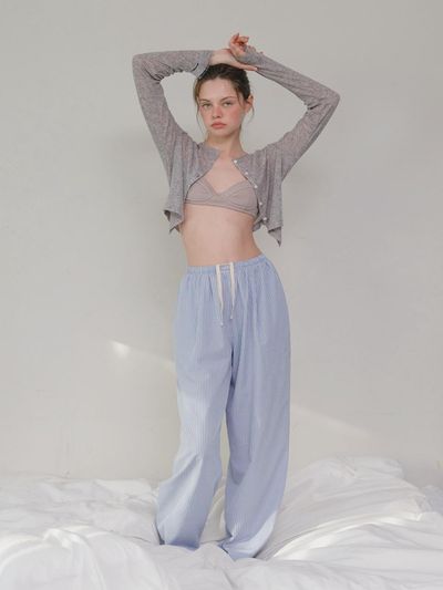 HANE Seersucker Stripe Wide Pants [Blue Surf]