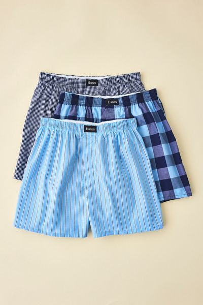Hanes Hanes Woven Cotton Boxer Shorts 3-Pack in Blue, Men's at Urban Outfitters