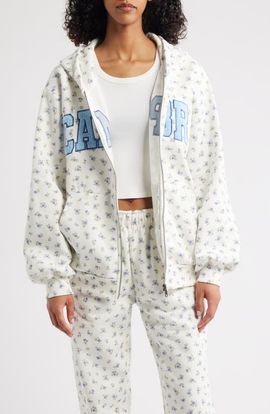 HAPPY CAMP3R HAPPY CAMP3R Floral Appliqué Graphic Zip-Up Hoodie