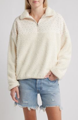 HAPPY CAMP3R HAPPY CAMP3R Vintage Flower Aria Mixed Media Quarter Zip Fleece Sweatshirt