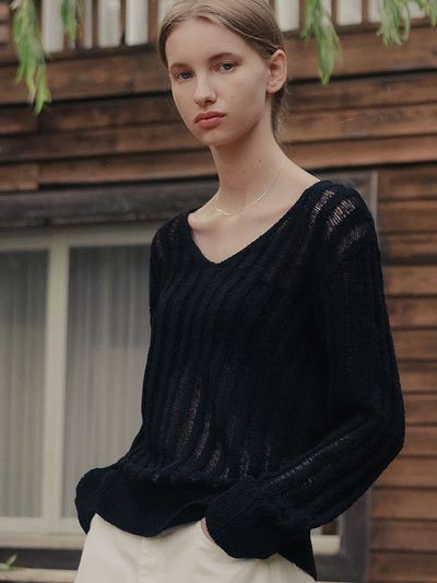 hardcore happiness Damage Slit V-neck Sweater Top_Black