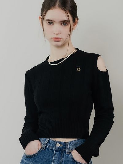 hardcore happiness Side Cut Out Round Sweater_Black