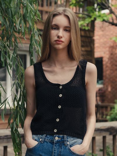 hardcore happiness Two Way Button Sweater Vest_Black