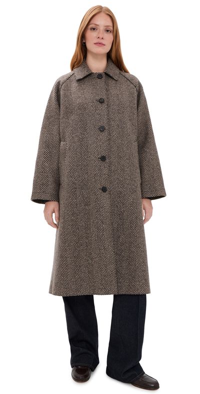 Harris Wharf London Harris Wharf London Balmacaan Patterned Cashmere Blend Jacket Cream & Brown Herringbone