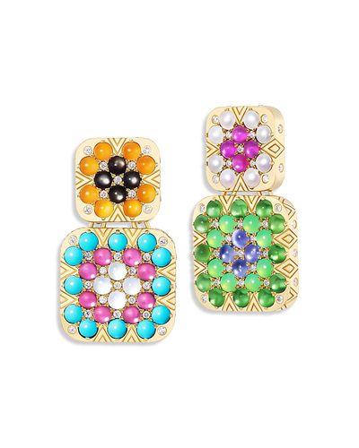 Harwell Godfrey Harwell Godfrey 18K Yellow Gold 1975 Multi Gemstone & Diamond Granny Squares Thelma Mismatch Drop Earrings