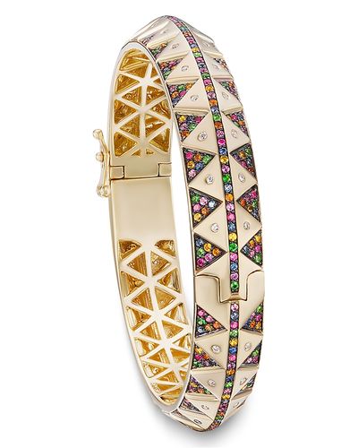 Harwell Godfrey Harwell Godfrey 18K Yellow Gold Knife Edge Rainbow Sapphire & Diamond Bangle Bracelet