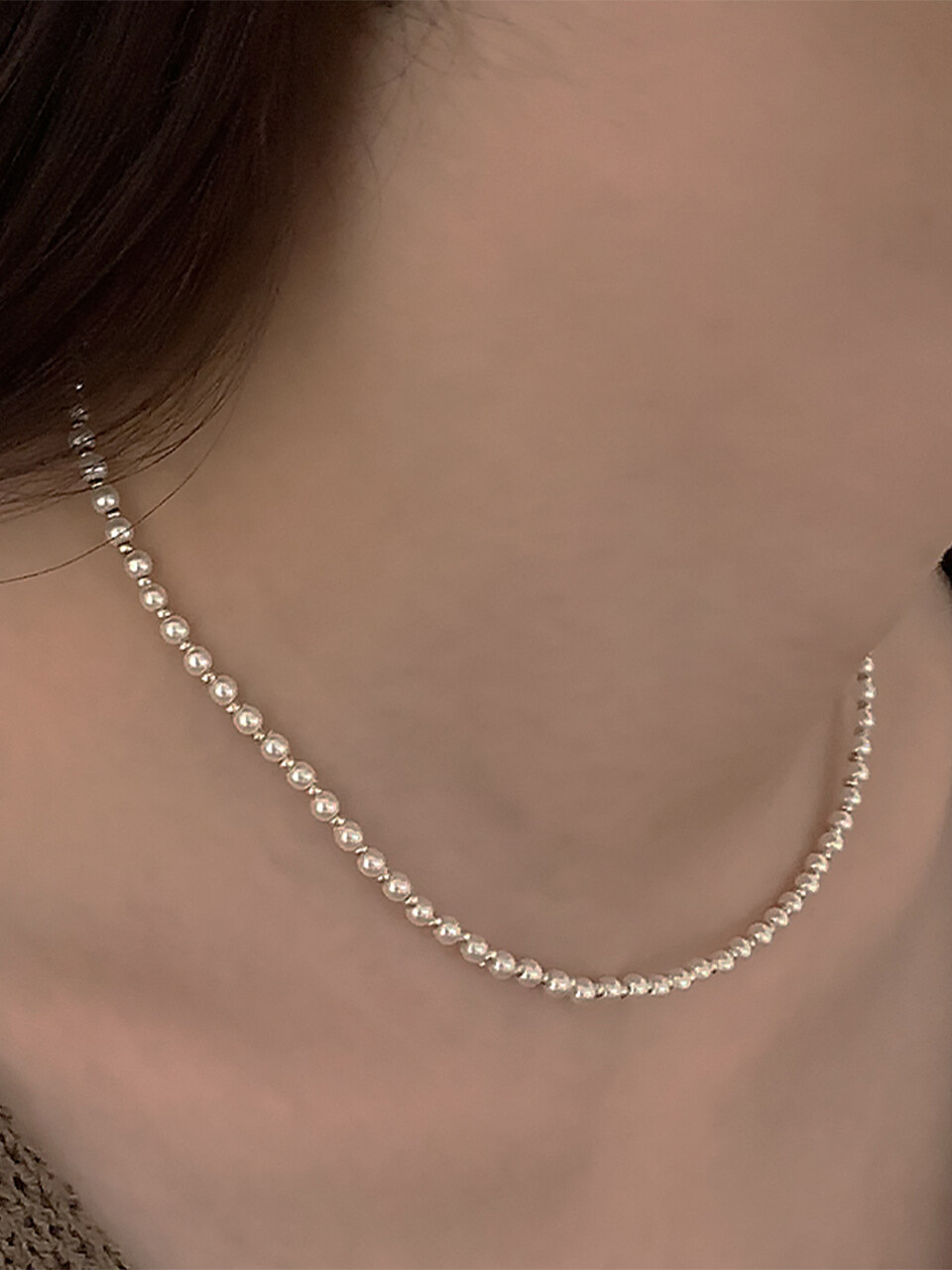 HAS Basic Pearl Silver Ball Necklace