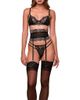 Hauty Hauty Floral Embroidered Mesh Bra, Thong & Garter Belt - 1