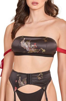 Hauty Hauty Printed Satin Bandeau Bra, Garter Belt & Thong