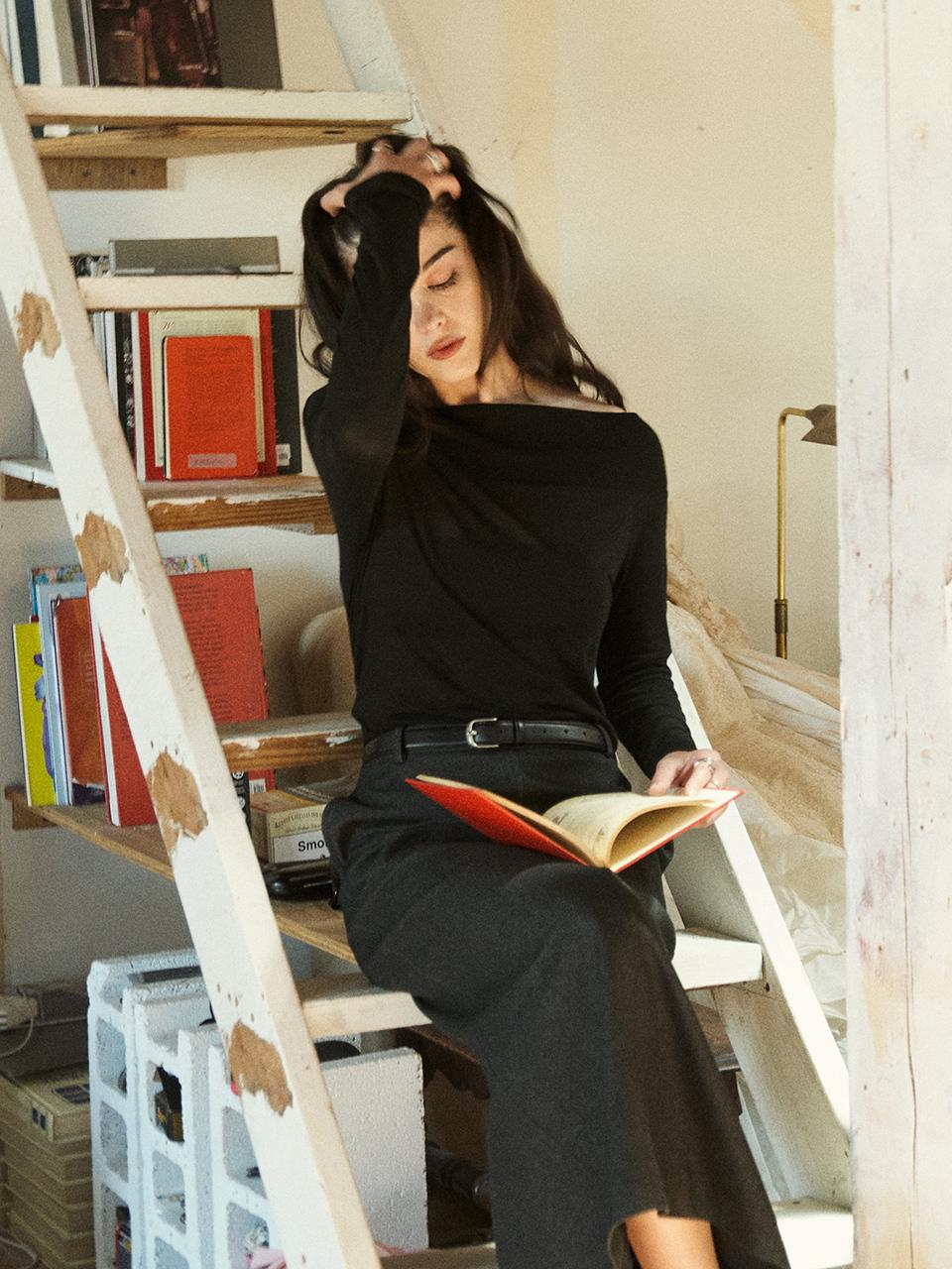 HAVEC 90s long pencil skirt / Denim like(Blue Black)