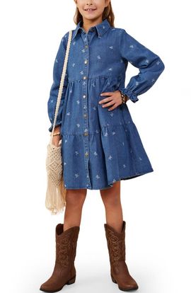 Hayden Girls Hayden Girls Kids' Bow Print Denim Tiered Shirtdress