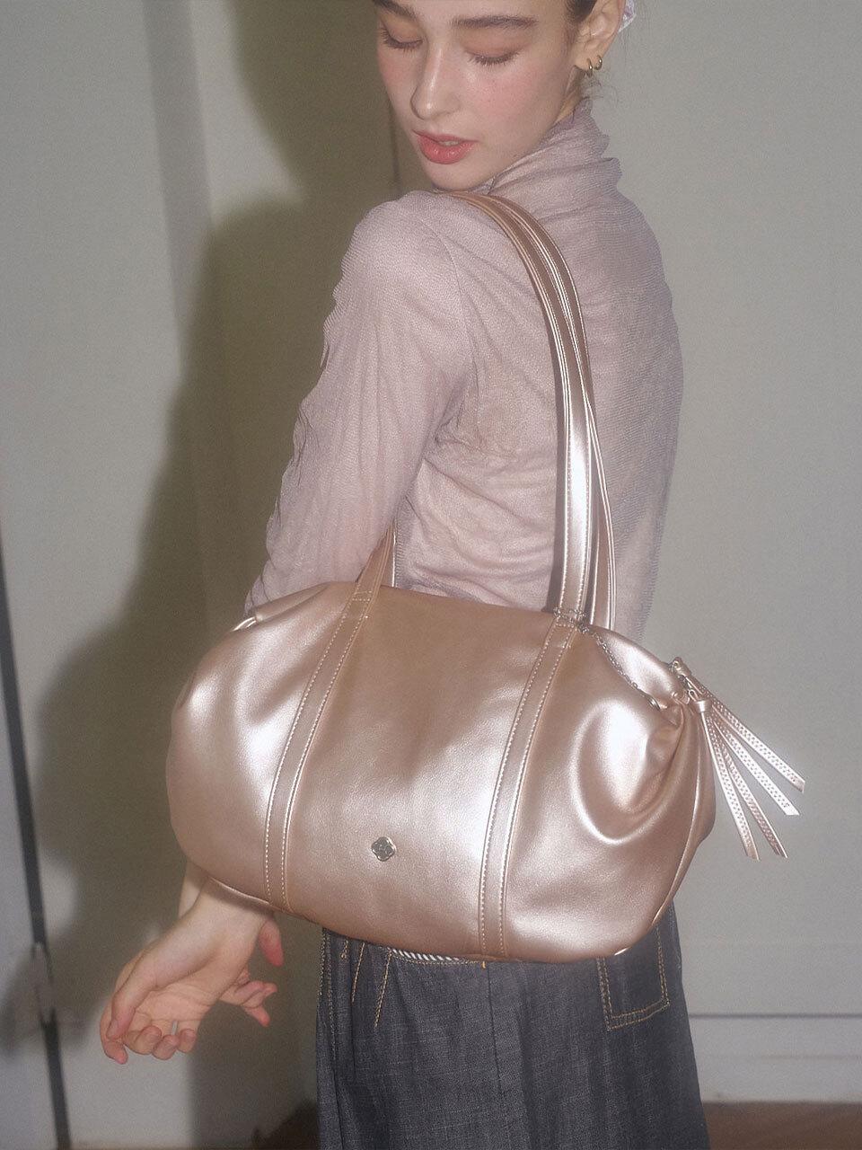 Heeari Shirring Vegan Leather Top-Handle Duffle Bag [Rose Gold]