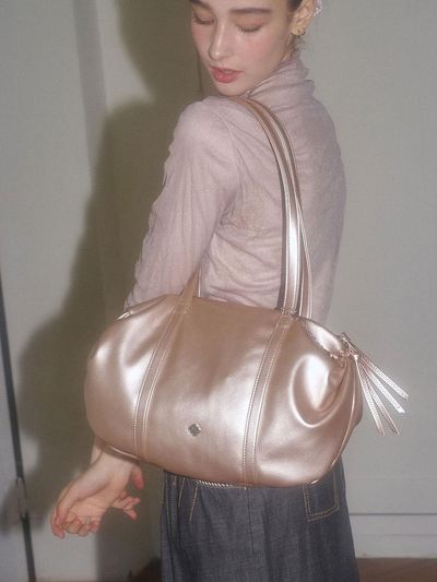 Heeari Shirring Vegan Leather Top-Handle Duffle Bag [Rose Gold]