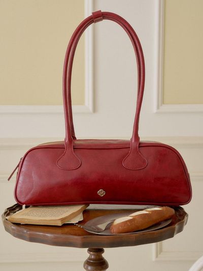 Heeari Vegan Leather Gold Hardware Baguette Bag [Burgundy]