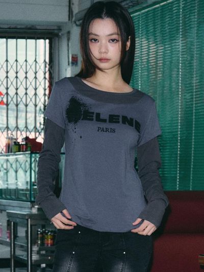 HELENE PARIS Helene Appliqu Layered Vintage Long Sleeve [Stone Grey]