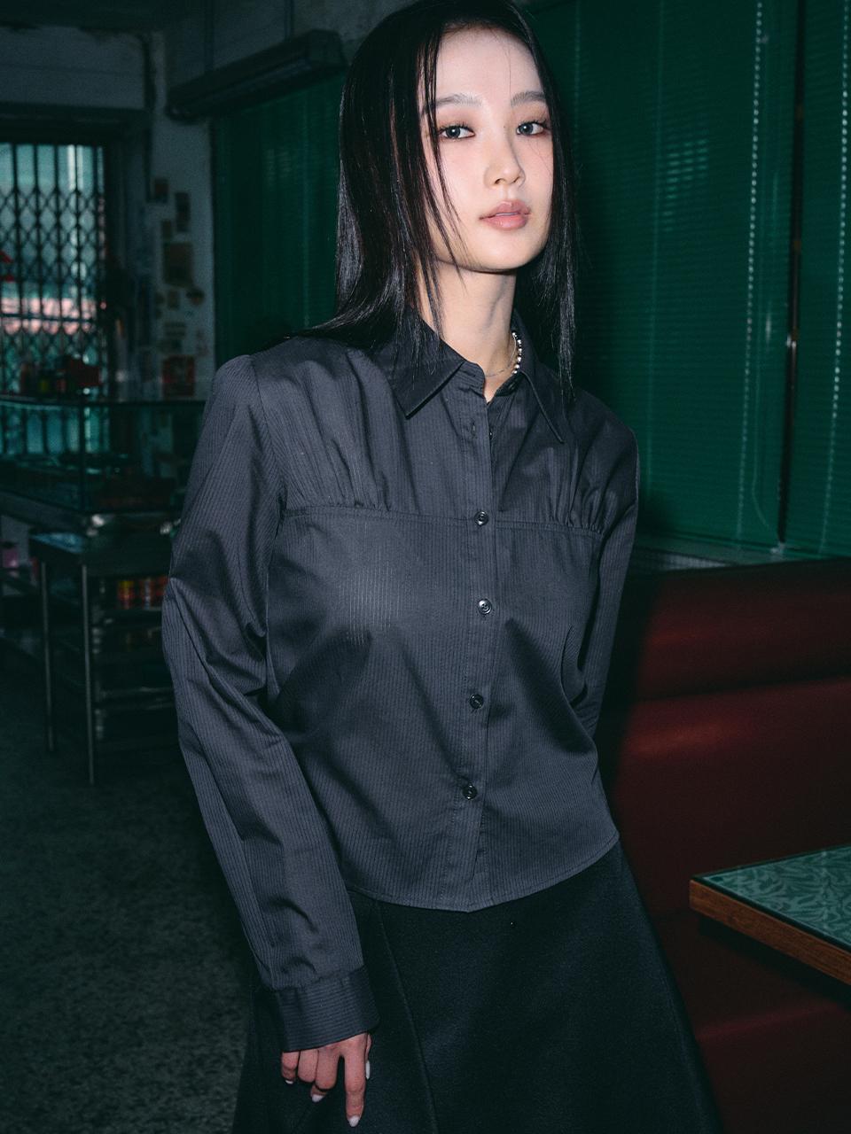 HELENE PARIS Paisley Pin Point Shirring Classic Shirt [Charcoal ST]