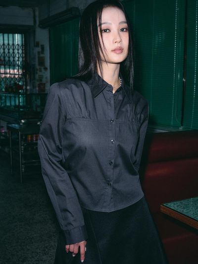 HELENE PARIS Paisley Pin Point Shirring Classic Shirt [Charcoal ST]