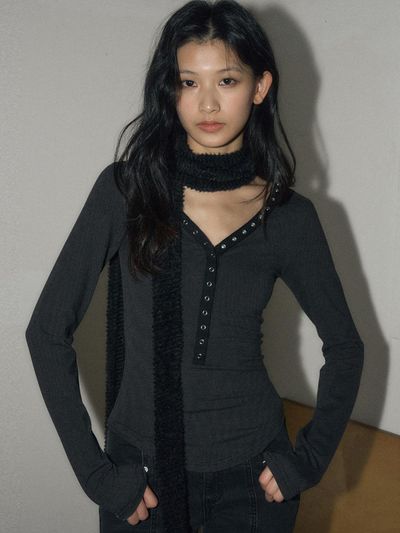 HELENE PARIS Snap neckline long sleeve Top [Tin Black]