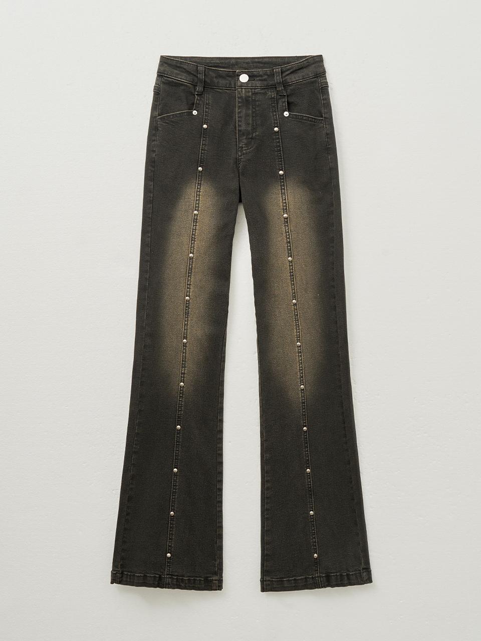 HELENE PARIS Studded Trim Boot-Cut Stretchy Denim Pants [Red Brown]