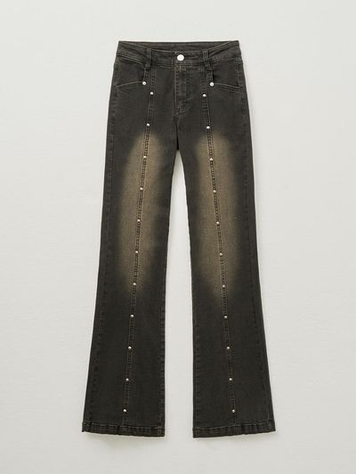 HELENE PARIS Studded Trim Boot-Cut Stretchy Denim Pants [Red Brown]