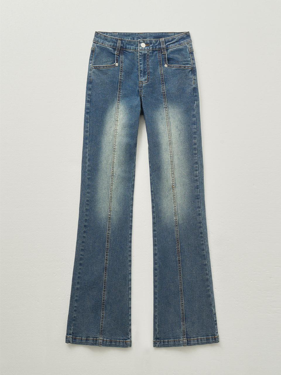 HELENE PARIS Washed Boot-Cut Stretchy Denim Pants [Deep Blue]