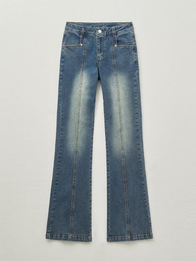 HELENE PARIS Washed Boot-Cut Stretchy Denim Pants [Deep Blue]