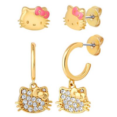 Hello Kitty Hello Kitty Earring Set, 2-Pair, Gold-Tone Studs & Pavé Dangle Hoops