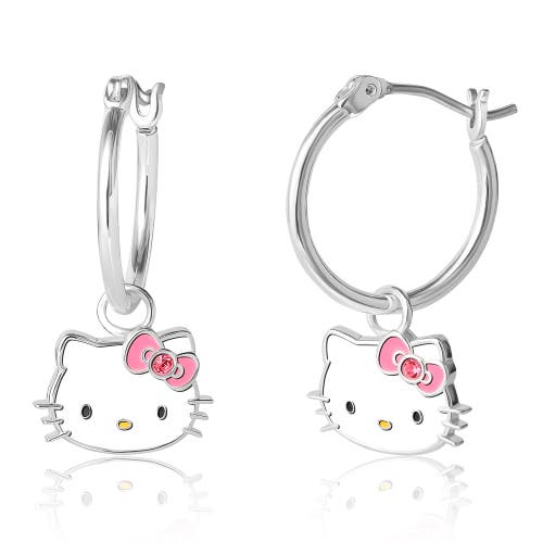 Hello Kitty Hello Kitty Silver Plated Pink Crystal Charm Hoop Earrings