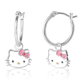 Hello Kitty Hello Kitty Silver Plated Pink Crystal Charm Hoop Earrings