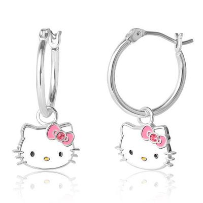 Hello Kitty Hello Kitty Silver Plated Pink Crystal Charm Hoop Earrings