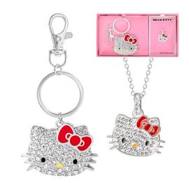 Hello Kitty SALLY ROSE Hello Kitty Keychain and Necklace Set for Women Official License, Crystal Pave Sanrio Pendant Necklace and Key Chain