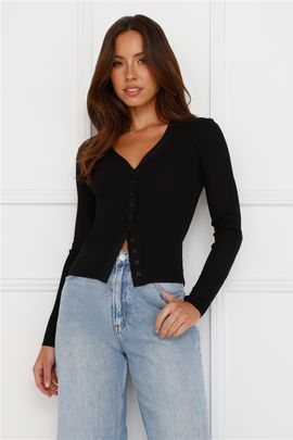 Hello Molly Buttoned Up Ribbed Long Sleeve Top Black