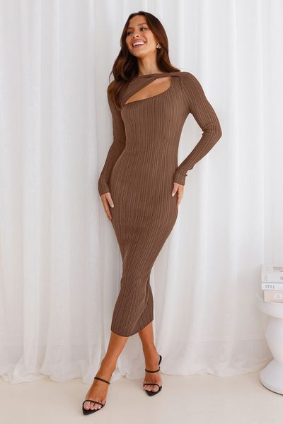 Hello Molly Chic Contours Long Sleeve Ribbed Maxi Dress Brown
