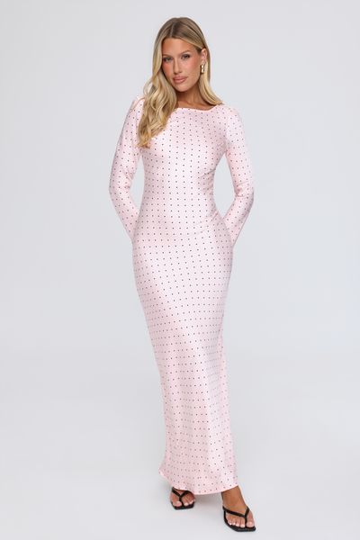 Hello Molly Girlfriend Energy Polka Dot Satin Maxi Dress Pink