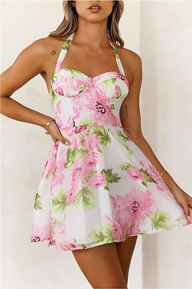 Hello Molly Hello Molly Flower Markets Halter Mini Dress in Pink Floral, Women's at Urban Outfitters