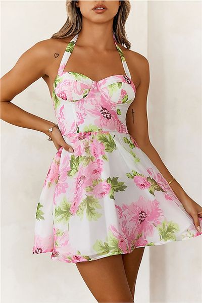 Hello Molly Hello Molly Flower Markets Halter Mini Dress in Pink Floral, Women's at Urban Outfitters