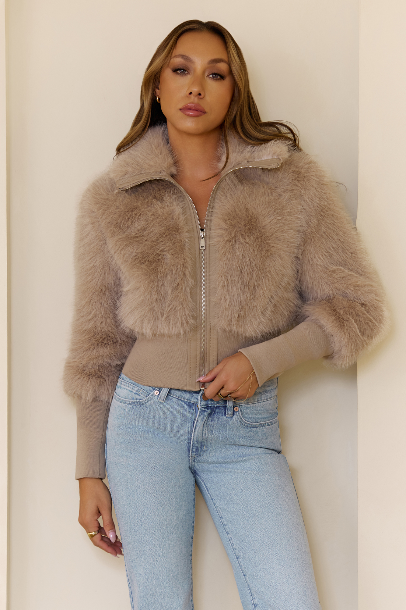 Hello Molly Midnight Whimsy Faux Fur Jacket Taupe