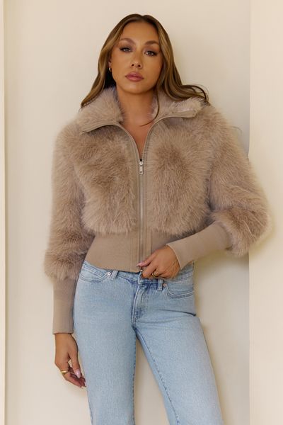 Hello Molly Midnight Whimsy Faux Fur Jacket Taupe
