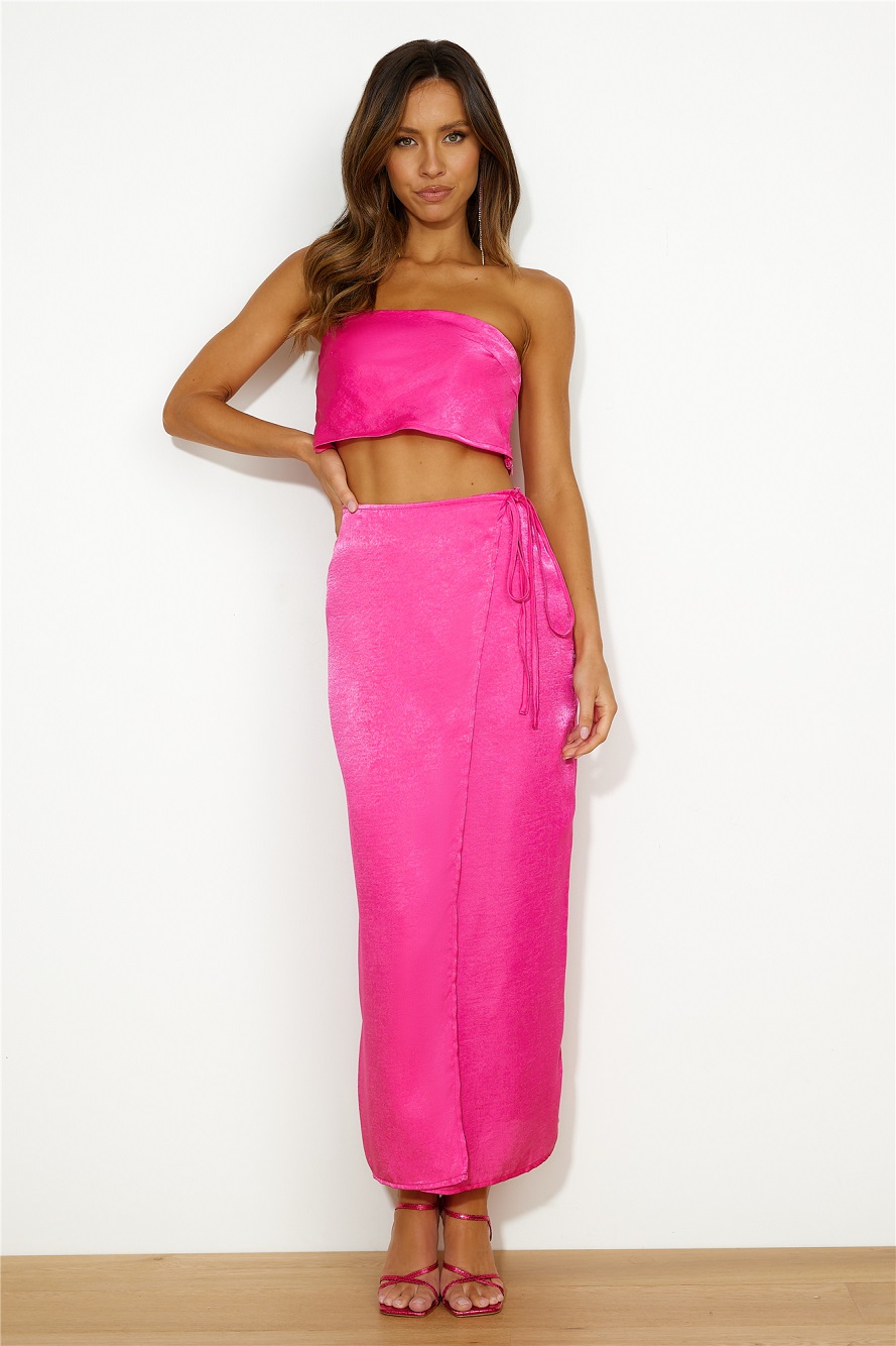 Hello Molly Nights In Silk Satin Maxi Skirt Hot Pink