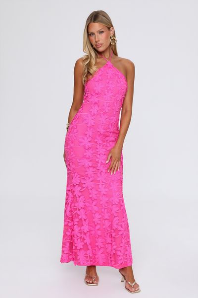 Hello Molly No Ordinary Girl Embroidered Halter Maxi Dress Hot Pink