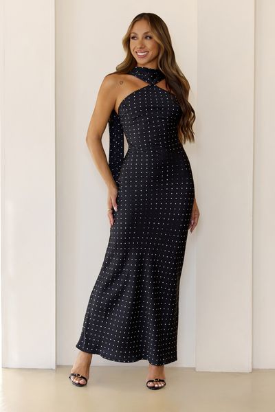 Hello Molly Orchid Dusk Polka Dot Satin Maxi Dress Black